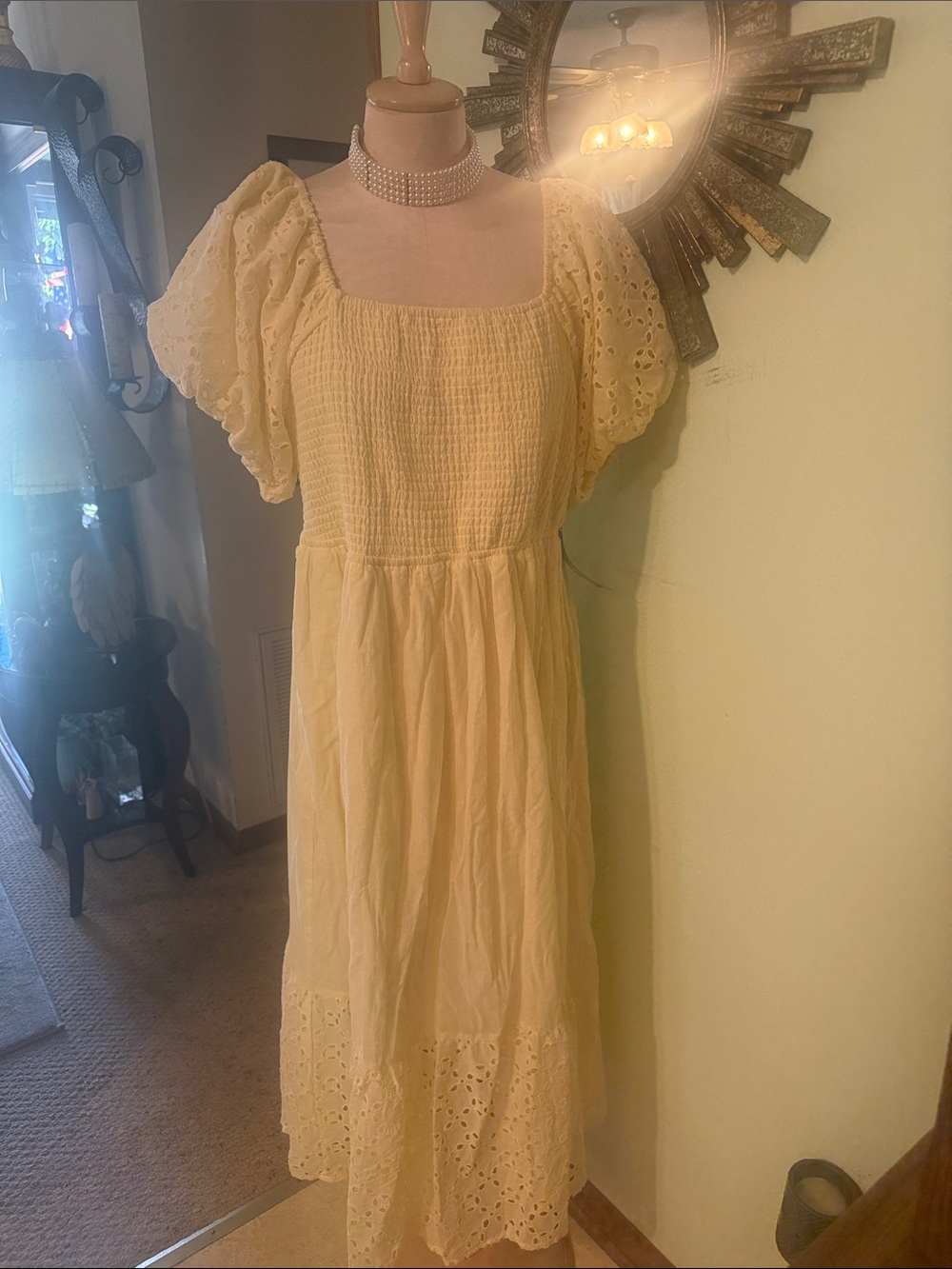 New Smocked Square-Neck Yellow Maxi Dress with Eyelet Sleeves
